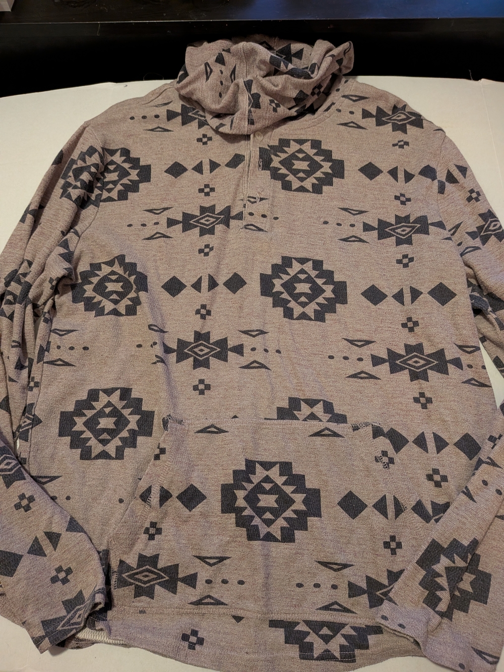 On The Byas Aztec Print Pullover Hoodie in Taupe and Charcoal